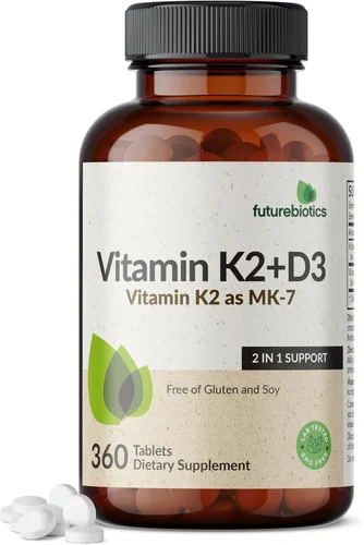 Miniatura 8 de Futurebiotics Vitamina K2 con D3, soporte 2 en 1, 5000 UI de vitamina D3 y 90 mcg de vitamina K2 MK-7 sin OMG, 120 tabletas