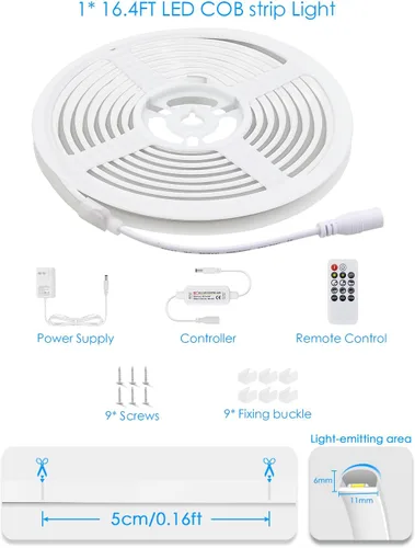 Miniatura 7 de Tira de luces LED blancas de luz diurna de 16.4 pies, 24 V, impermeable, kit de tira LED COB con control remoto, luz de cinta LED flexible regulable