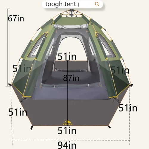 Miniatura 5 de Tienda de campaña Toogh con configuración instantánea, tienda impermeable para 2/3 personas, fácil y rápida de montar en 60 segundos con toldo