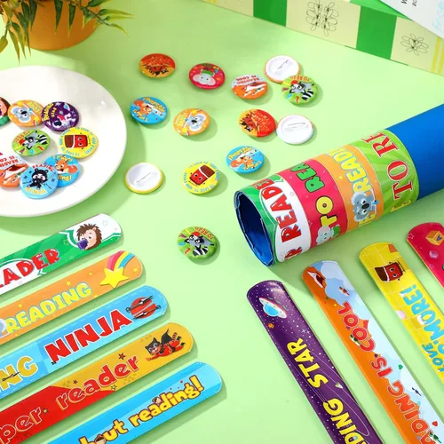 Miniatura 4 de Frienda Paquete a granel, 60 pulseras con botones de lectura con inscripciones retro para recompensas de lectura, insignias para premios