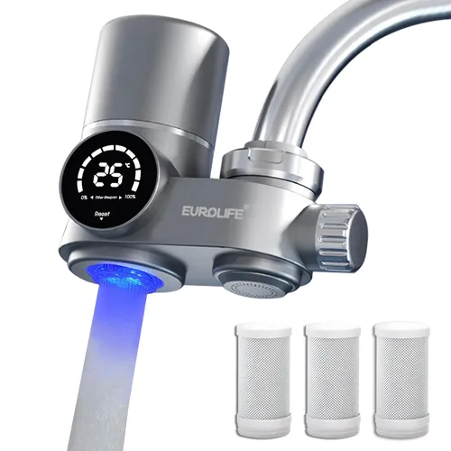 Combo EUROLIFE - Filtro de agua para montaje en grifo EL-LS-A13, filtro de agua LED para fregadero con luz UV e indicador de vida del filtro en