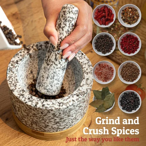 Miniatura 7 de PriorityChef - Juego de mortero y mortero resistente con base de bambú, molinillo de piedra de granito 100% natural, cuenco y triturador de Blanco