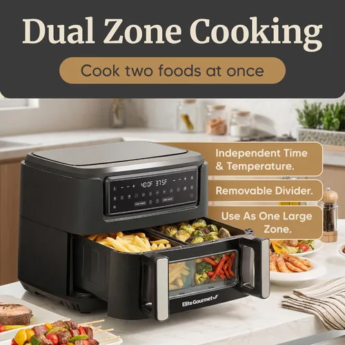 Miniatura 2 de Elite Gourmet Horno freidora de aire de doble zona de 11 cuartos de galón, freidora de aire de doble cesta con divisor, acabado de sincronización