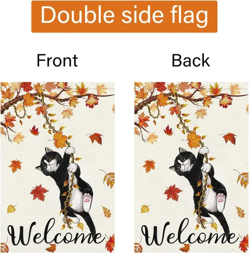 Miniatura 6 de Louise Maelys Bandera de jardín de gato de bienvenida de otoño de 12 x 18 pulgadas, doble cara, pequeña arpillera de otoño con gato negro, bandera