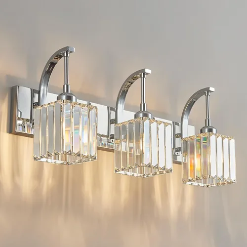 Miniatura 46 de Luces de tocador de cristal de 3 luces negras para tocador de baño, modernas lámparas de baño de cristal sobre espejo de 23.62 pulgadas de largo