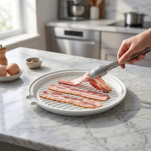 Miniatura 2 de ONEMORE Bandeja para Tocino de Microondas con Tapa Cocinador de Tocino de Cerámica Rejilla para Carne para Cocinar en Horno Fabricante de Tocino