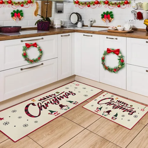 WERNNSAI Alfombras de cocina – Juego de 2 alfombras de cocina Feliz Navidad, tapetes de piso para interiores, alfombras de área de cocina con