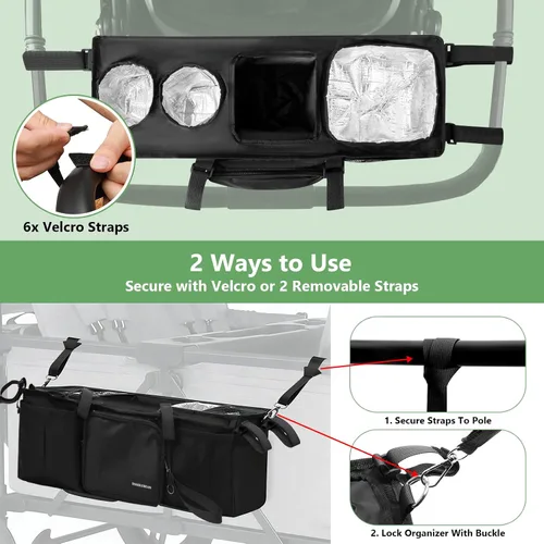 Miniatura 5 de Organizador de cochecito doble para Bob Duallie con 2 portavasos aislados y bolsa refrigeradora, Baby Jogger City Mini Gt2 Jeep Accesorios