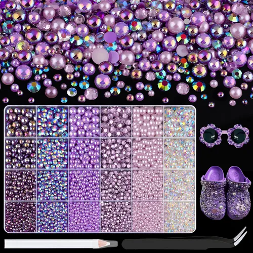 Miniatura 45 de 100g de cuentas de perlas planas y diamantes de imitación, 1-Rosa y blanco, tamaño mixto de 3-10mm, resina, diamantes de imitación y medias perlas