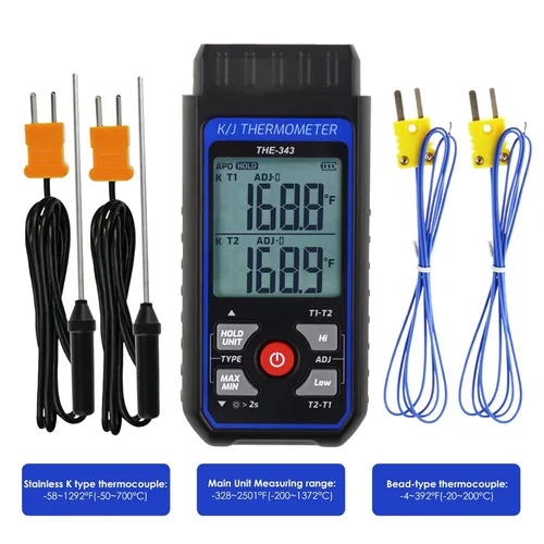 Miniatura 3 de Termómetro de Termopar Termómetro Digital Tipo K con 4 Termocuplas, Rango de Medición -328~2500℉ Medidor de Temperatura HVAC de Doble Canal
