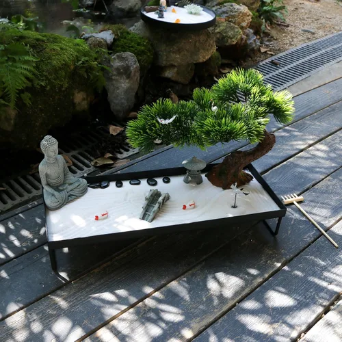 Miniatura 7 de BangBangDa Decoración japonesa de meditación, decoración de bonsái para oficina en casa para escritorio de mesa, decoración de mesa de arena de roca