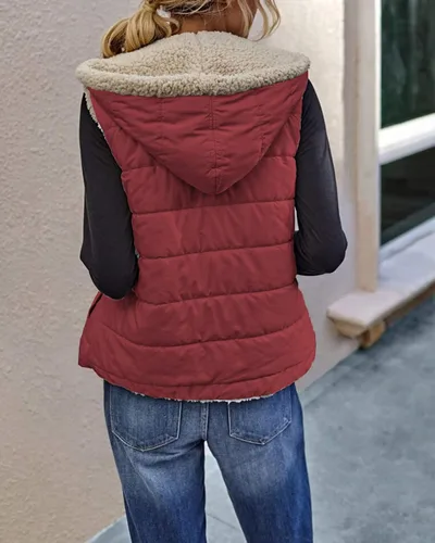Miniatura 2 de Chaleco reversible de forro polar Sherpa para mujer, con cremallera completa, bloque de color cálido, sudadera con capucha y bolsillo