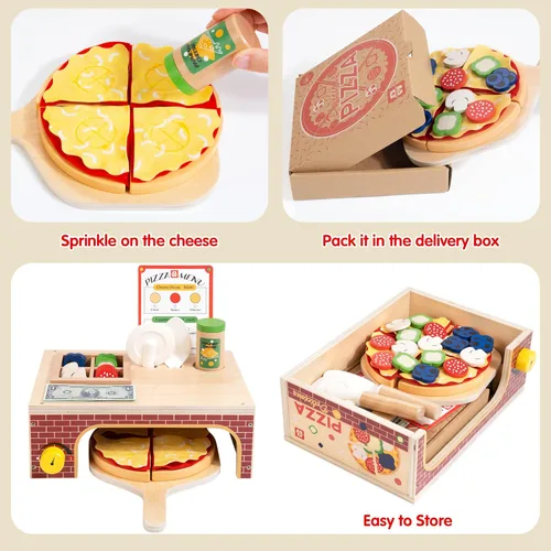 Miniatura 6 de Juguete de Pizza de Madera - Montessori Comida de Juego de Simulación para Edades 3+, Juguete Educativo de Aprendizaje Conjunto de Juego de Madera