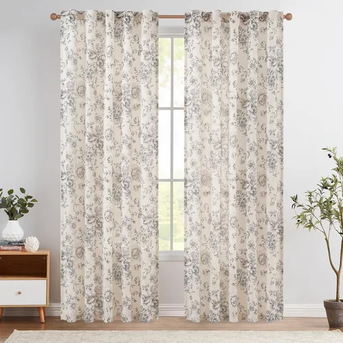 Miniatura 95 de Jinchan Cortinas de Mezcla de Lino con Estampado Floral para Sala de Estar, 84 Pulgadas de Largo, Cortinas con Bolsillo para Varilla y Tab Trasera
