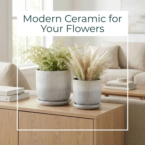 Miniatura 3 de Macetas de cerámica texturizada con platillo para decoración del hogar, macetas modernas y macetas para plantas de jardín, macetas elegantes