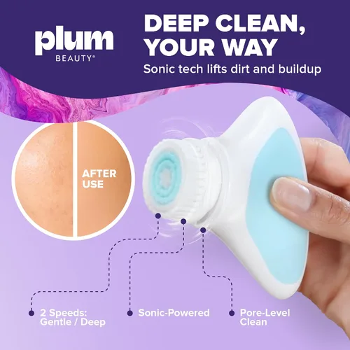 Miniatura 2 de Plum Beauty Cepillo de limpieza facial sónico, exfoliante eléctrico suave de doble velocidad, limpiador facial de silicona resistente al agua