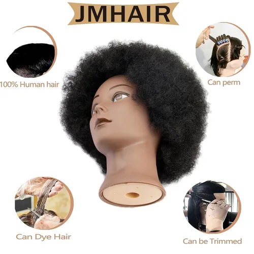 Miniatura 3 de Cabeza de maniquí afro rizado 100% cabello humano real, (10 pulgadas) negro para trenzado manual, práctica de peinado, peluquería, escuela, maniquí