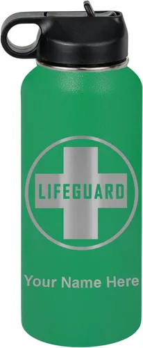Miniatura 27 de LaserGram Botella de agua personalizada, salvavidas, acero inoxidable de doble pared aislada al vacío con popote superior, regalo grabado Negro