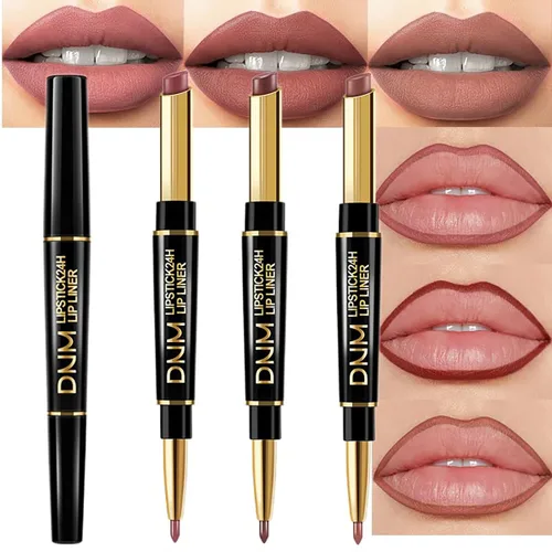 Juego de 3 delineadores de labios y pintalabios color rosa coral, té de leche, rosa malva rosa - Combo de delineador de labios 2 en 1 de doble punta