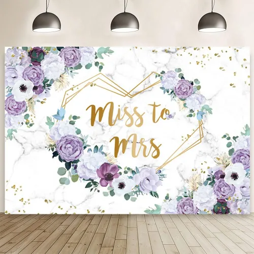 AIBIIN Telón de fondo floral de Miss to Mrs de 7 x 5 pies para despedida de soltera, flores violetas moradas, fondo de fotografía, corazones dorado
