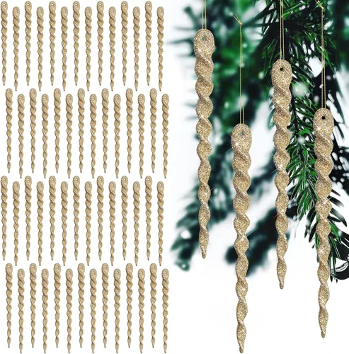 Miniatura 12 de 60 piezas de adornos de carámbano torcido, decoración de árbol de Navidad, tiras en espiral con purpurina para colgar en Navidad, fiestas, Champán