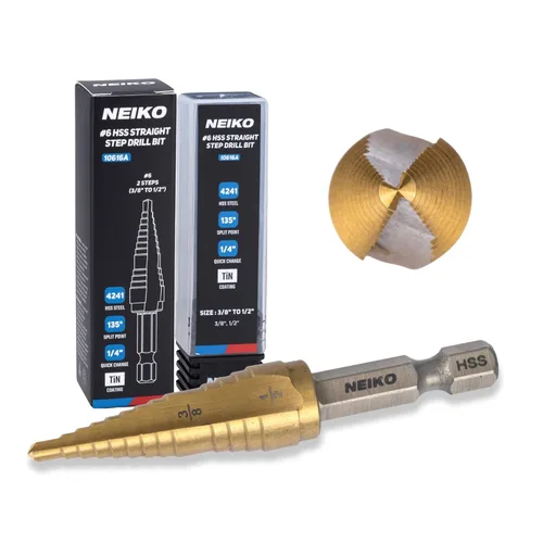 Miniatura 25 de NEIKO 10602A Step Drill Bit, 13 Steps 1/8" to 1/2" Spiral High Speed Steel, Titanium Nitride Coated, 1/4" Quick Change Step Bits for Steel, Metal