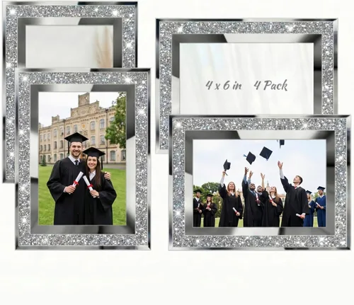 Queekay Paquete de 4 portarretratos de graduación con purpurina de 4 x 6 pulgadas, marco de fotos de espejo de cristal plateado para decoraciones de