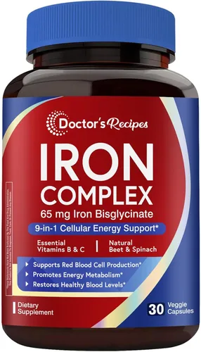 Doctor's Recipes Suplemento de hierro para mujeres, 65 mg de bisglicinato de hierro, con vitaminas C, B6, ácido fólico y B12, raíz de remolacha y