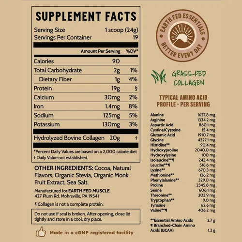 Miniatura 8 de Earth Fed Muscle Péptidos de colágeno de chocolate, certificados por terceros. 0.71 oz de proteína, chocolate, alimentado con hierba, sin OMG, sin