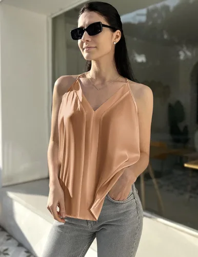 Miniatura 3 de Ekouaer Camisola de satén para mujer, cuello en V, lencería de seda, sin mangas, tirantes delgados, blusa casual con espalda cruzada