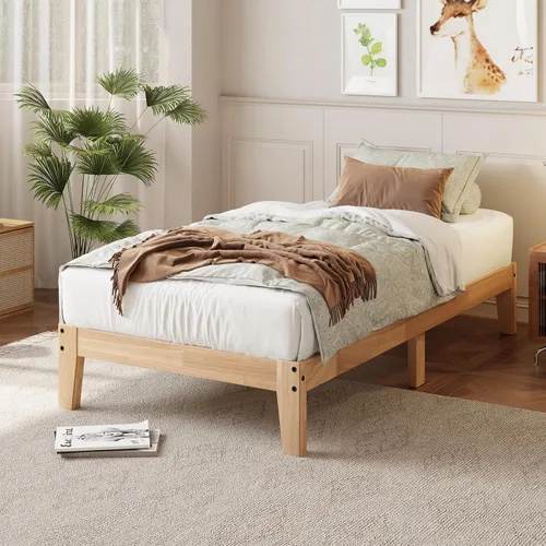 Miniatura 11 de Cama de plataforma de madera maciza de tamaño individual con luz LED, diseño sin ruido con soporte de listones de metal y madera, no necesita