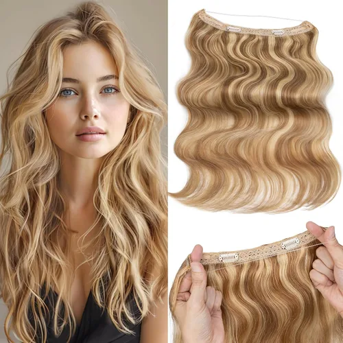 Miniatura 26 de Extensiones de cabello en aureola de cabello humano real, Extensión de cabello Halo 100% cabello humano, Extensiones de cabello con alambre, Lacio