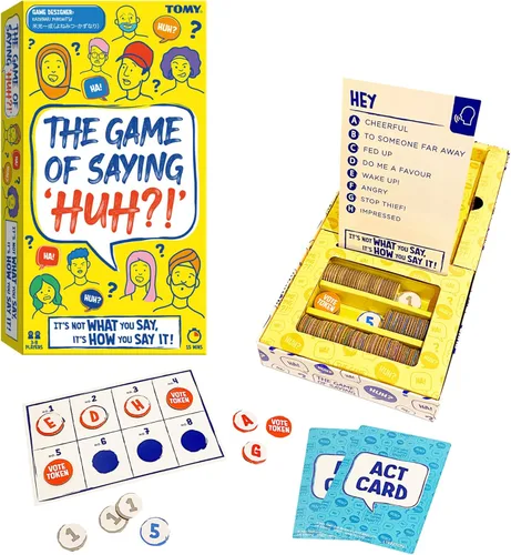 TOMY The Game of Saying 'Huh?!' - Juegos de cartas de impresiones de voz - Divertido juego de fiesta de actuar y adivinar - Juegos de mesa