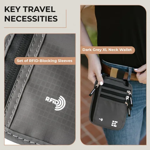 Miniatura 51 de Cartera para el cuello para viajes y pasaporte con bloqueo RFID, delgada y fácil de ocultar, bolsa de viaje de nailon para hombres y mujeres