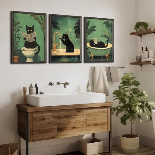 Miniatura 4 de Arte de pared de baño de gato, lienzo divertido para decoración de pared, imágenes de gato negro, impresiones lindas divertidas para baño, póster