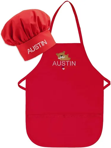 Miniatura 10 de Conjunto de delantal y sombrero personalizado para niños, diseño de animales, añade tu propio nombre para niños, cocina, horneado Blanco