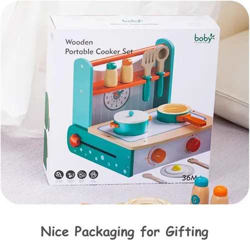 Miniatura 8 de Dailyfunn Estufa de Juguete de Madera Plegable y Portátil Juego de Cocina de Simulación con Accesorios de Cocina