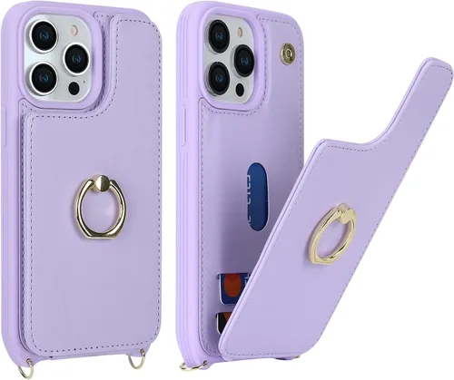 Miniatura 3 de Lipvina Funda para iPhone 14 Pro Max con tarjetero para mujer, funda para teléfono con correa, cordón cruzado, soporte de anillo, cierre a presión