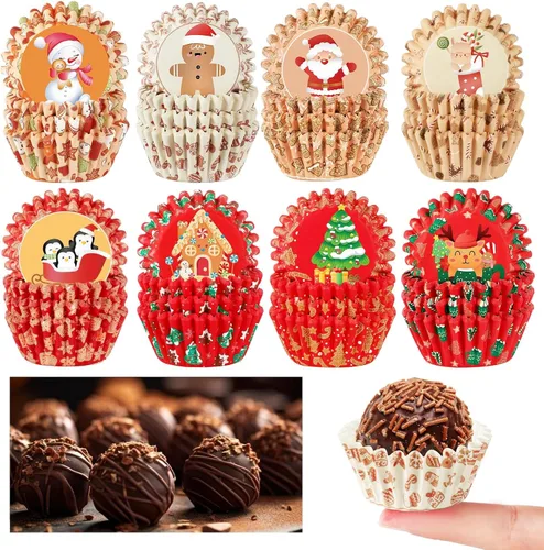 Miniatura 8 de AUGSUN 800 piezas de mini moldes para cupcakes de Navidad, envolturas para cupcakes con diseños de Santa, muñeco de nieve, bosque, moldes mini