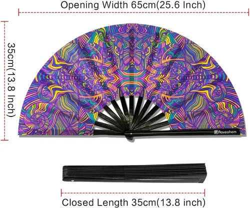 Miniatura 4 de Ventilador plegable grande, ventilador Clack Rave de 13 pulgadas, ventilador de mano para mujeres y hombres con tela de satén de alta calidad, marco