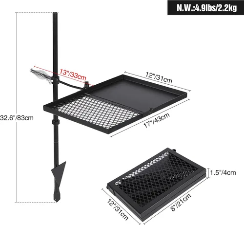 Miniatura 2 de REDCAMP Parrilla plegable giratoria para fogata, parrilla portátil para fogata sobre foso, rejilla de acero resistente y estante para fogata