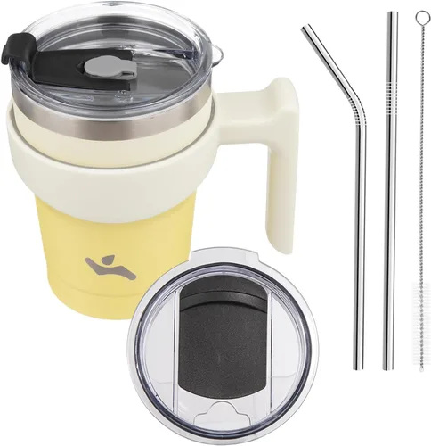 Miniatura 52 de Konokyo - Vaso de 10 onzas con asa y 2 popotes, 2 tapas, botella de agua aislada de acero inoxidable, taza de viaje reutilizable, color verde militar