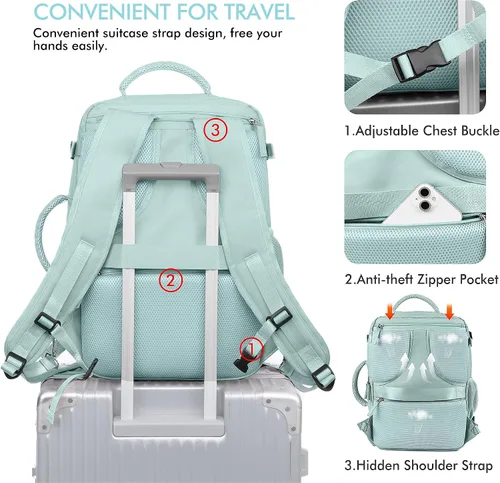 Miniatura 7 de Mochila de Mano Aprobada por Aerolíneas Beraliy para Hombres y Mujeres, Verde menta, X-Grande, Mochilas de viaje