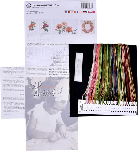 Miniatura 3 de Thea Gouverneur - Kit de punto de cruz con conteo - Rosa Redouté - Aida Black - 18 unidades - Kit de bordado para adultos - Hilos de bordado DMC