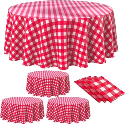 Miniatura 13 de Remagr Mantel Desechable de Cuadros Redondo de Plástico Buffalo Plaid Mantel de Mesa de 84'' Cubierta de Mesa Gingham para Picnic Camping BBQ Fiesta
