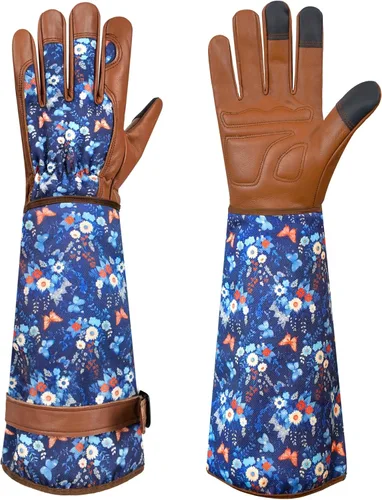 Miniatura 9 de DLY Guantes de jardinería para mujeres, guantes para rosas resistentes a espinas, guantes largos de jardín para mujeres, guantelete de cuero vacuno
