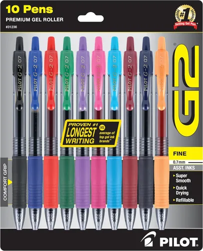 Pilot G2 - Bolígrafos de gel premium, bolígrafos de rodillo de gel, punta fina 0.7 mm, colores surtidos, 10 unidades