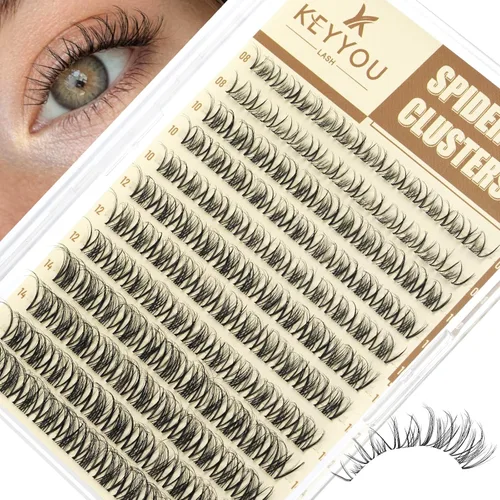 KEYYOU Extensiones de pestañas de araña, racimos de pestañas de brisa Wispy, rizo D natural, 0.315-0.630 in, banda invisible, pestañas de araña para