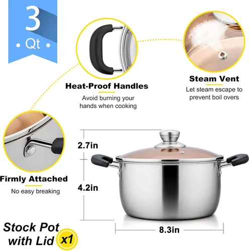 Miniatura 3 de E-far Olla de 3 cuartos de galón, olla de sopa de metal de acero inoxidable con tapa de vidrio para cocinar, saludable y libre de óxido, resistente