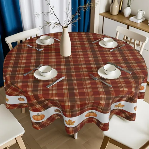 Miniatura 7 de Fall Tablecloth Round 60 Inch Autumn Thanksgiving Table Cloths Circle Pumpkin Buffalo Plaids Table Cloth Rustic Farmhouse Tablecloth for Holiday
